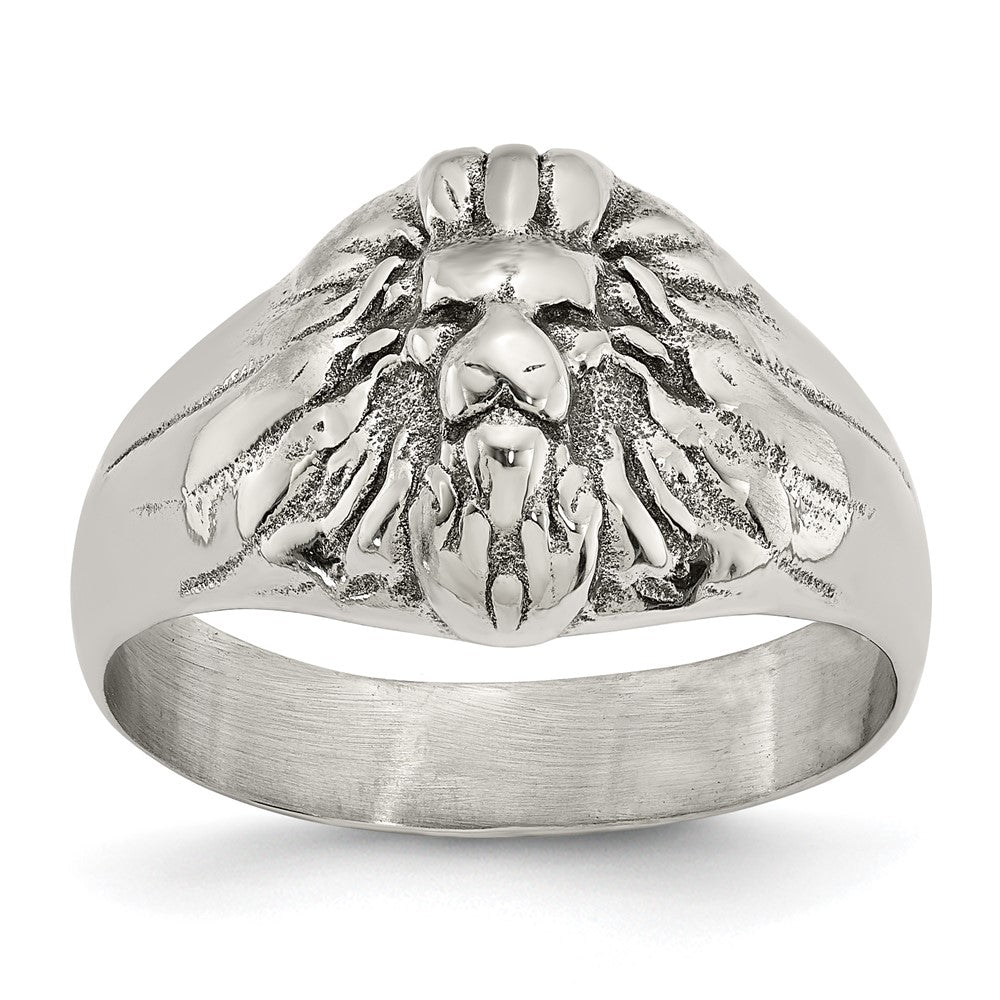 Stainless Steel Antiqued and Polished Lion Head Ring Size - 10