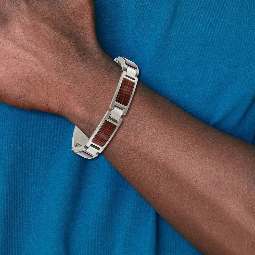 Stainless Steel Brushed with Wood Inlay 8.75in Bracelet 8.75 inches