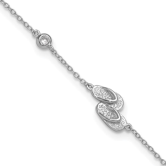 Sterling Silver Rhodium-plated Polished CZ Flip Flops 9 inch with a 2 inch extention Anklet 9 inches
