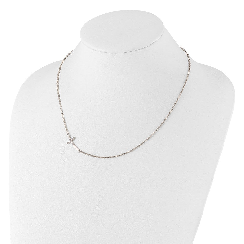 Sterling Silver Rh-plated Large Off-Set Sideways Curved Cross Necklace 19 Inches