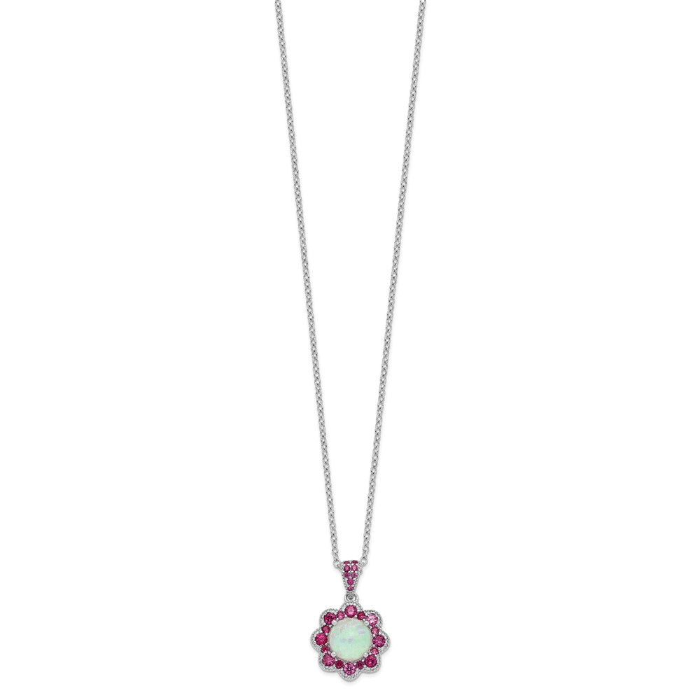 Cheryl M Sterling Silver Rhodium-plated Cabochon Lab Created Opal and Brilliant-cut Red Nano Crystal Flower 18 Inch Necklace 18 Inches