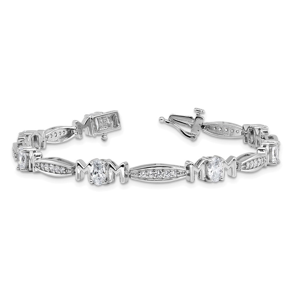 Cheryl M Sterling Silver Rhodium-plated Polished CZ Mom with Safety Clasp Bracelet 7.5 inches
