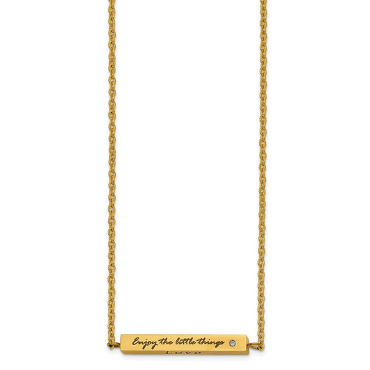Stainless Steel Polished Yellow IP w/CZ ENJOY 16in w/2in ext Bar Necklace