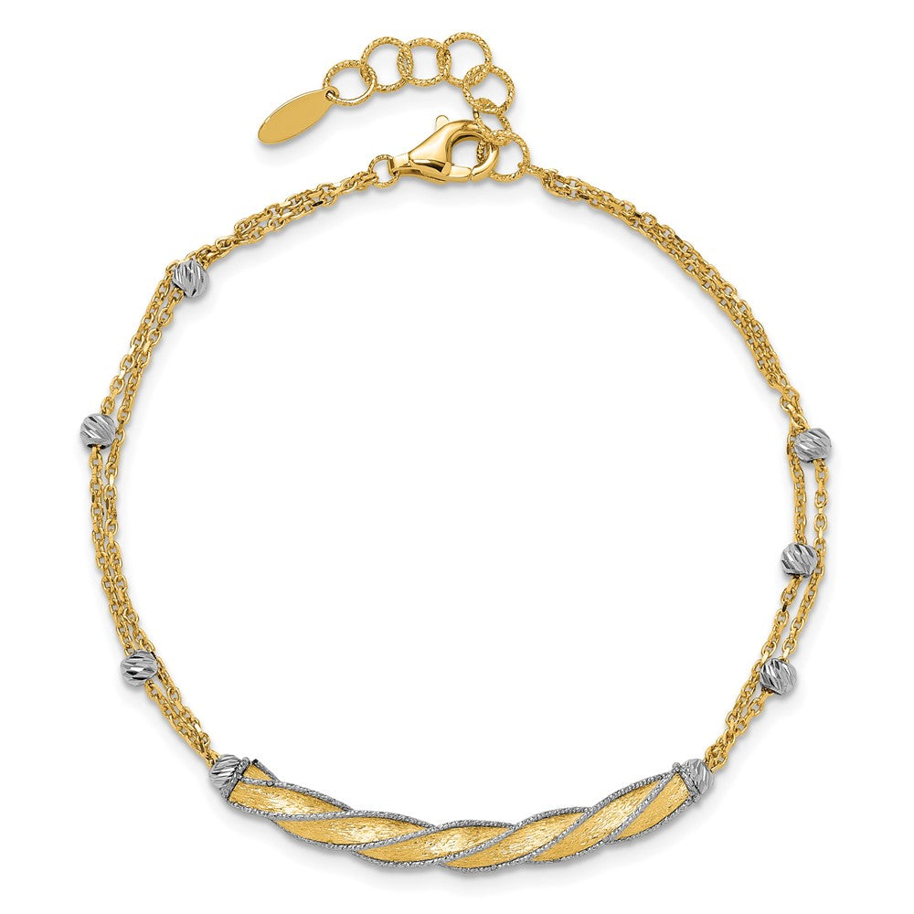 14K Two-tone Polish/Satin/Dia-cut Fancy Bar w/1in ext. Bracelet 8  inches