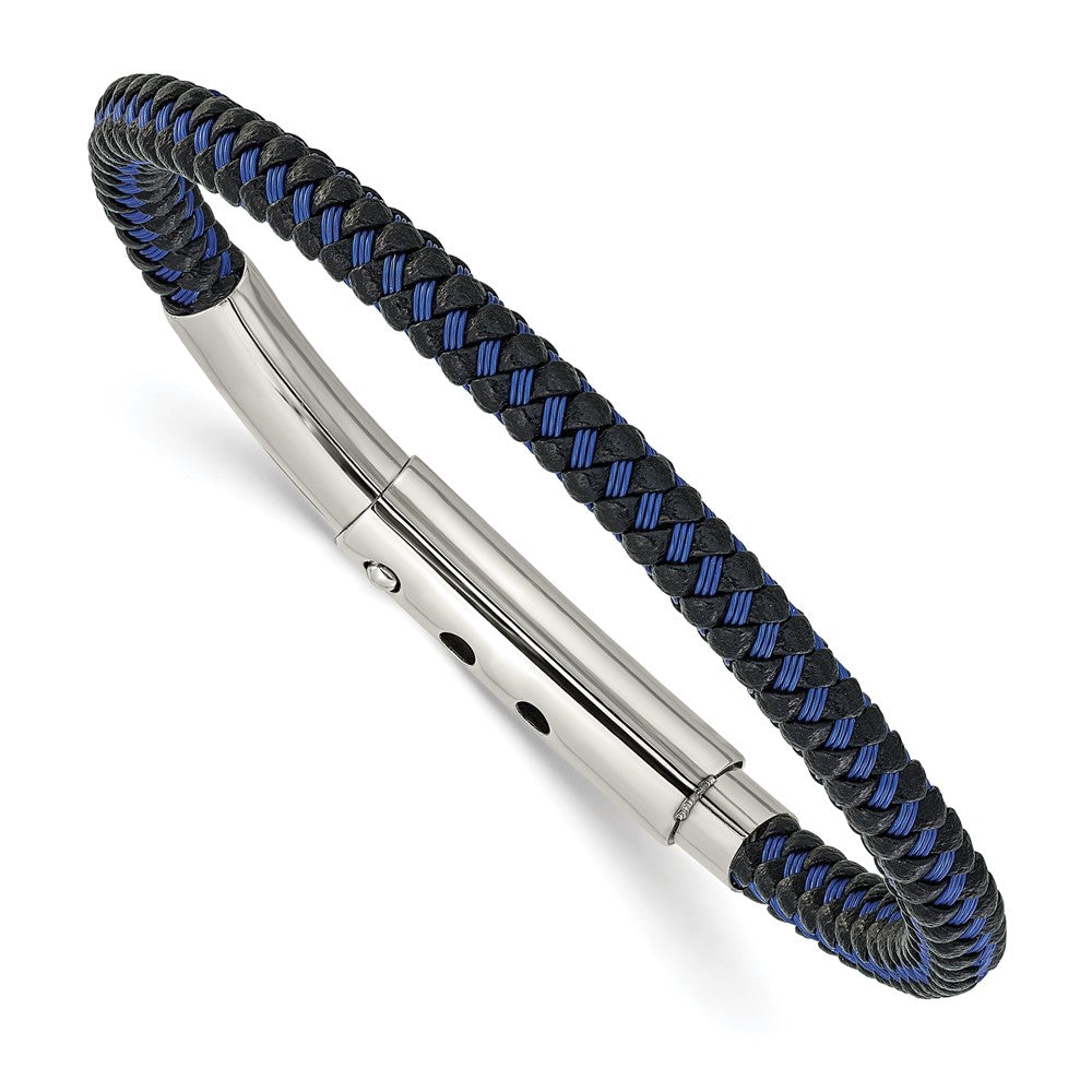 Stainless Steel Polished Blue Wire & Black PU Adjst 7.75 to 8.25in Bracelet 8.25 inches