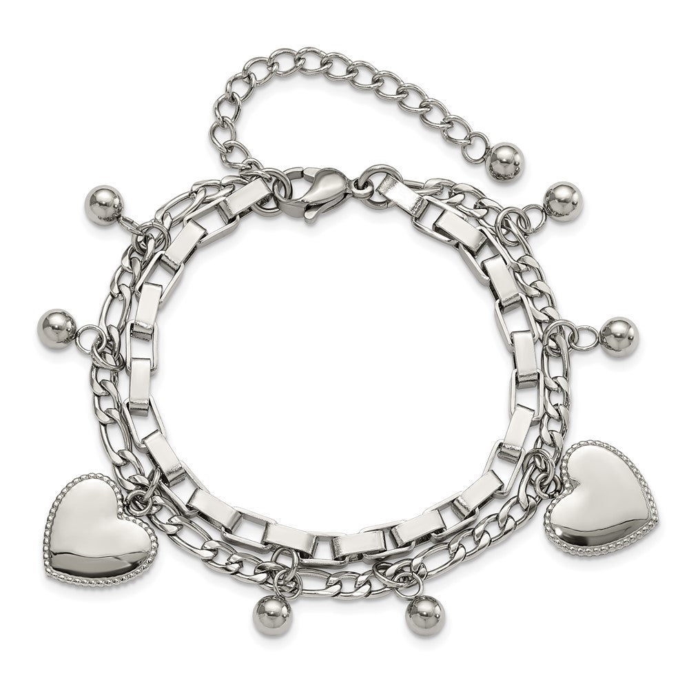 Stainless Steel Polished Hearts and Beads 7in w/2in ext. Bracelet 7 inches