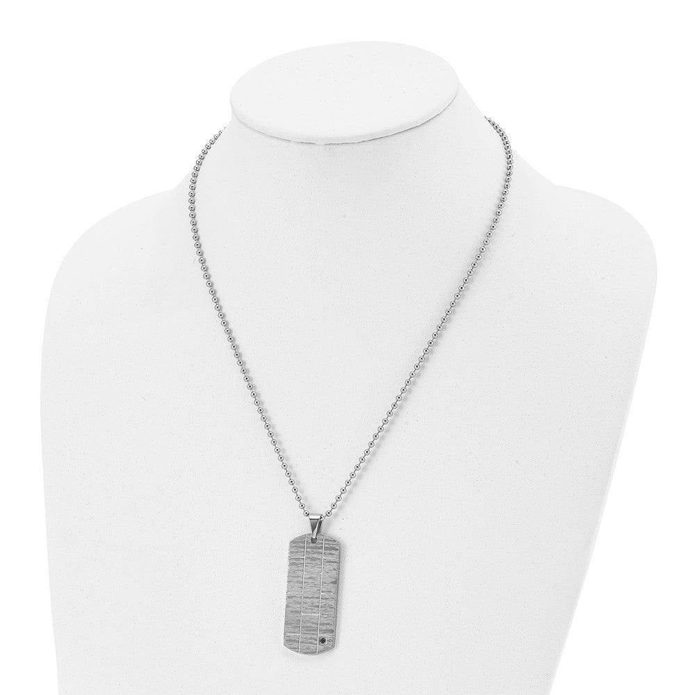 Stainless Steel Polished and Satin w/Black CZ Dog Tag 20in Necklace