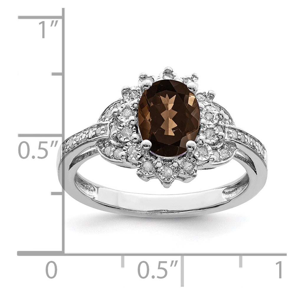 Sterling Silver Rhodium Diam. & Oval Checker-Cut Smoky Quartz Ring