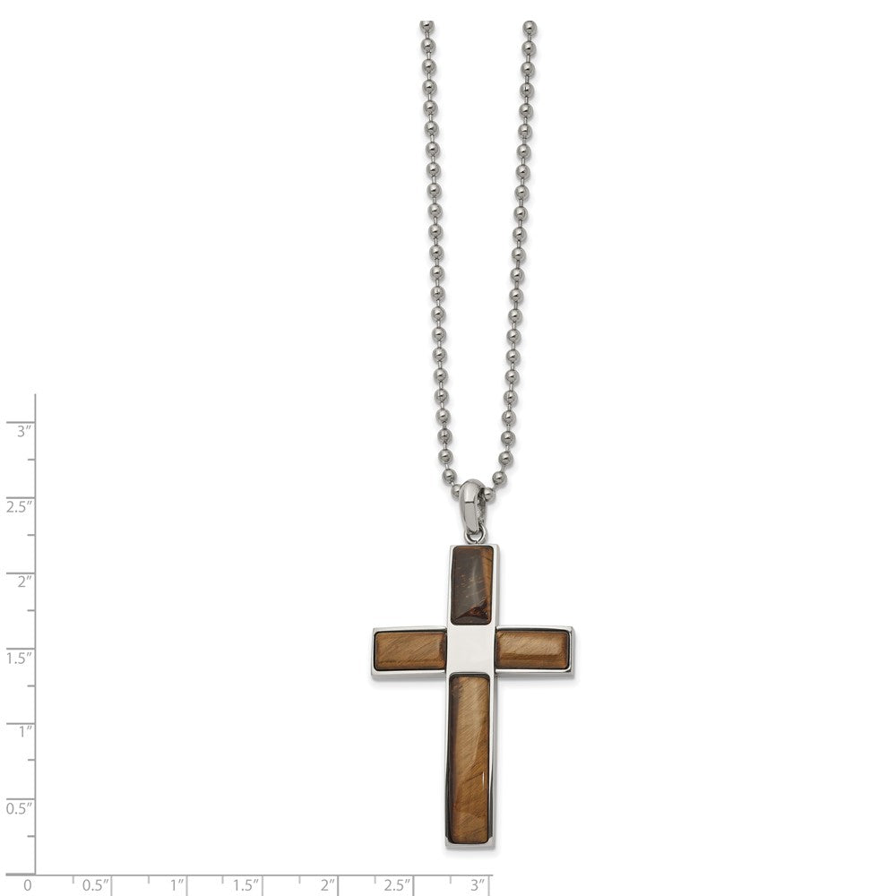 Stainless Steel Polished with Tiger's Eye Cross 22 inch Necklace