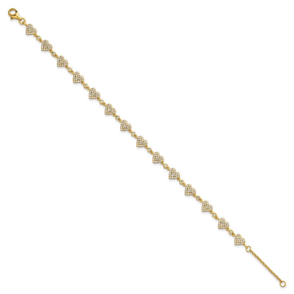 Sterling Silver Gold-tone Polished Pave CZ Hearts 7 Inch with 1 Inch Extension Bracelet 8 inches
