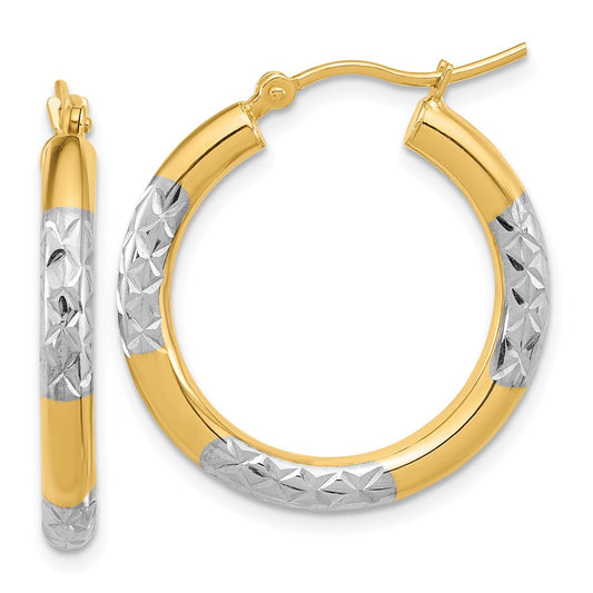 14k with Rhodium Diamond Cut 3mm Hoop Earrings