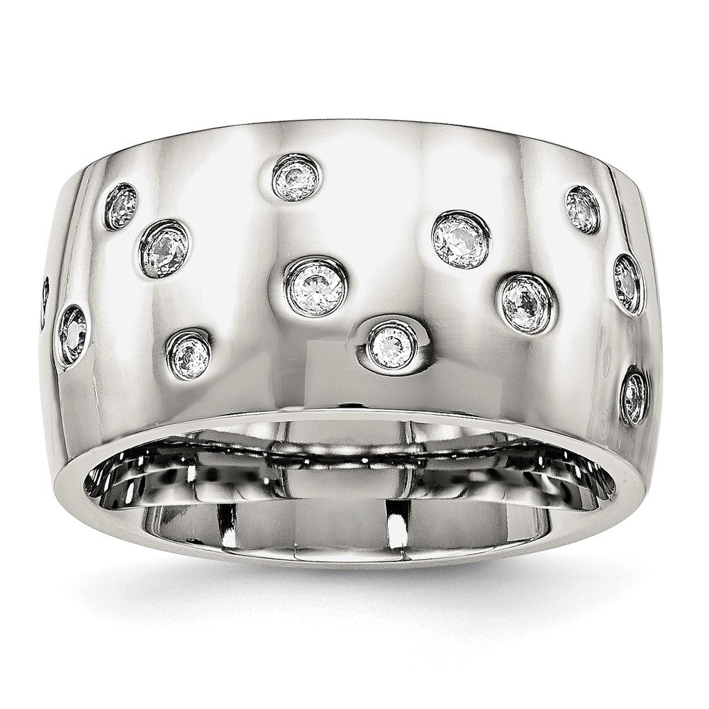 Stainless Steel Polished CZ 12mm Band Size - 10