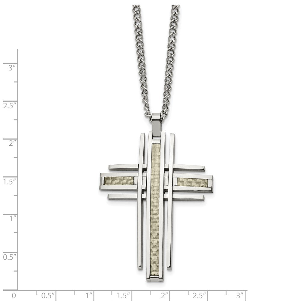 Stainless Steel Polished w/Grey Carbon Fiber Inlay Cross 24in Necklace