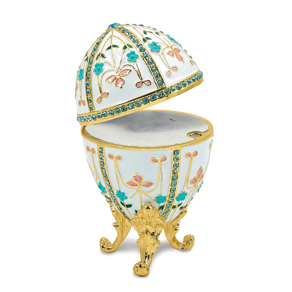 Luxury Giftware by Jere Bejeweled SPRING FLING White Floral Egg Trinket Box with Ring Insert and Matching 18 inch Necklace