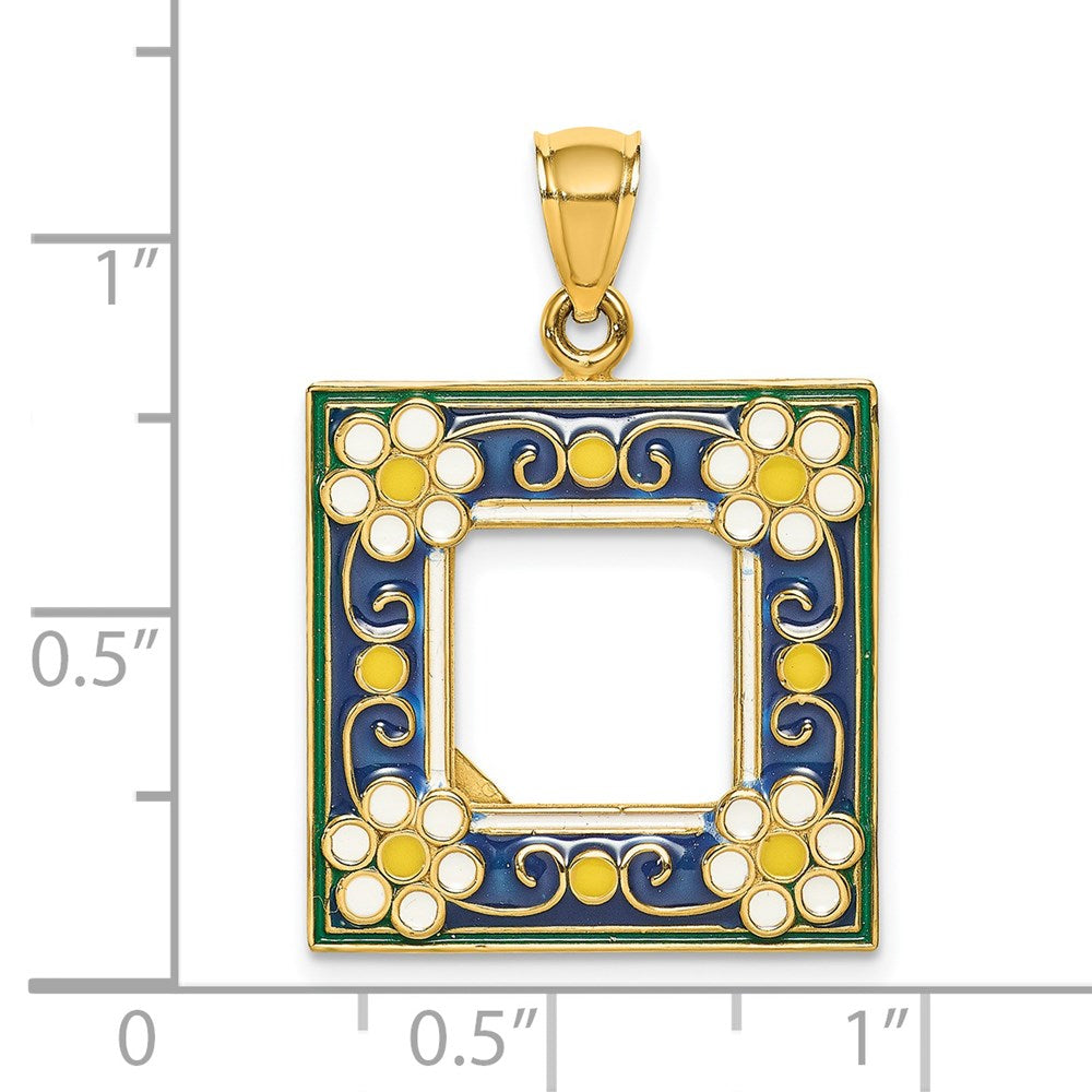 14K w/ Enamel Navy Floral Picture Frame Charm