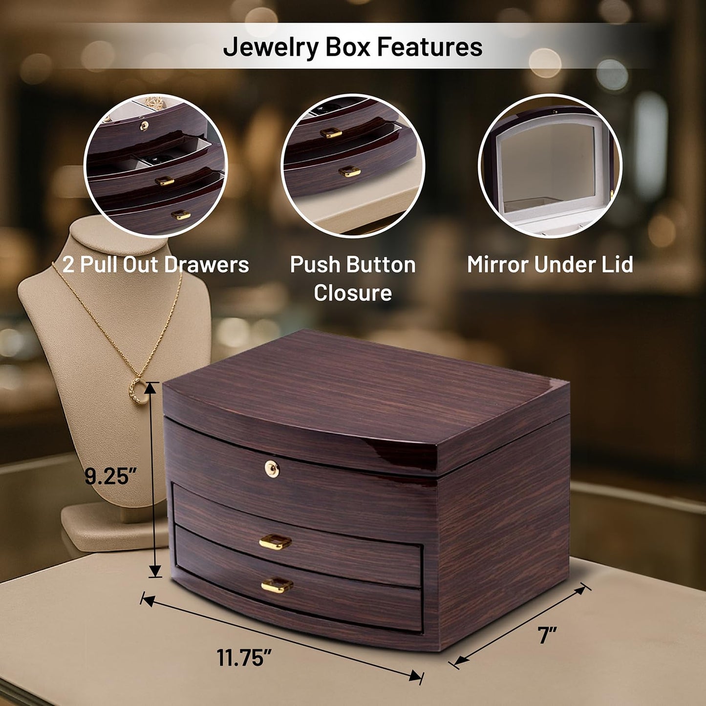 Bey-Berk International BB594EBN Lacquered Ebony Zebra Wood Jewelry Box