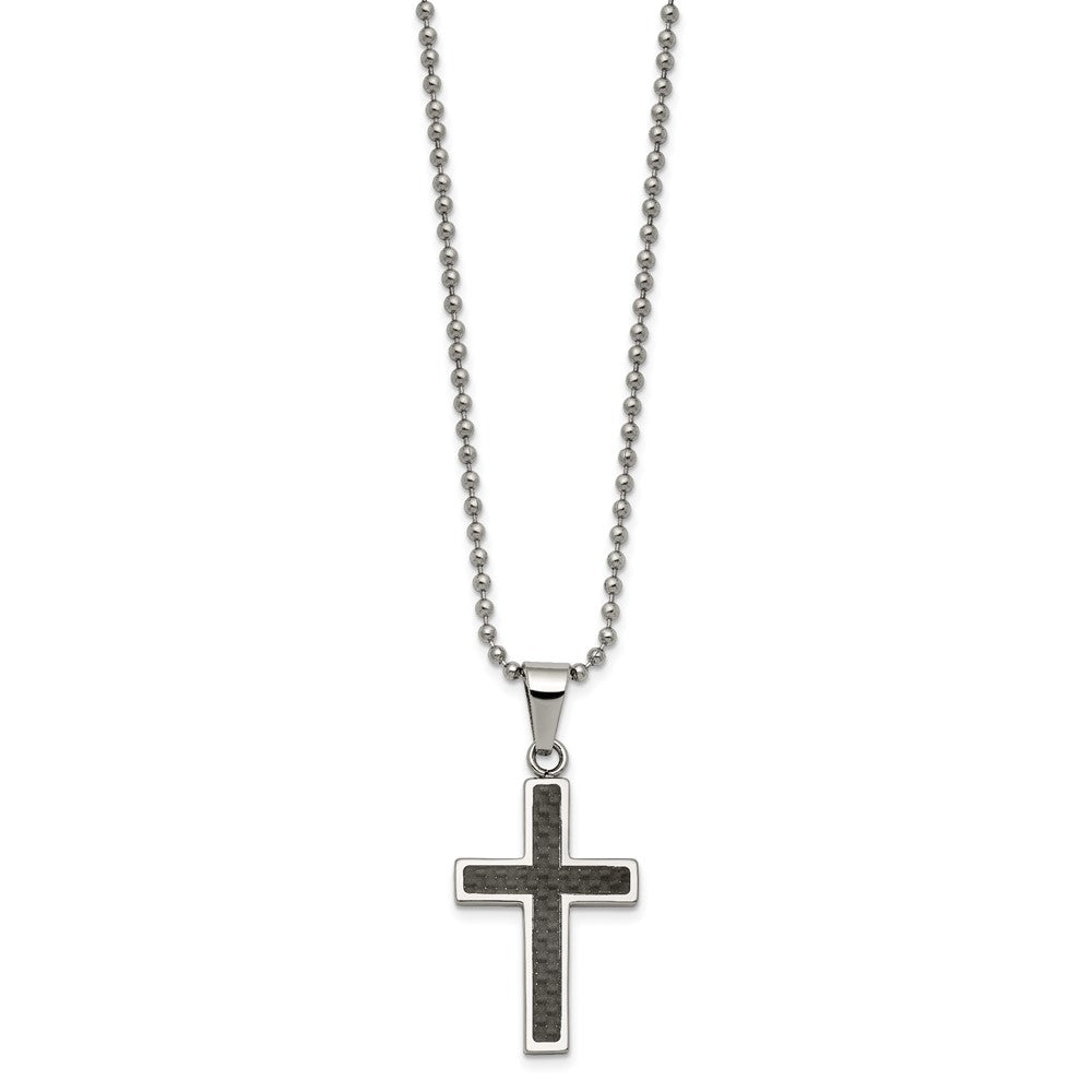 Stainless Steel Polished w/Carbon Fiber Inlay Cross 22in Necklace