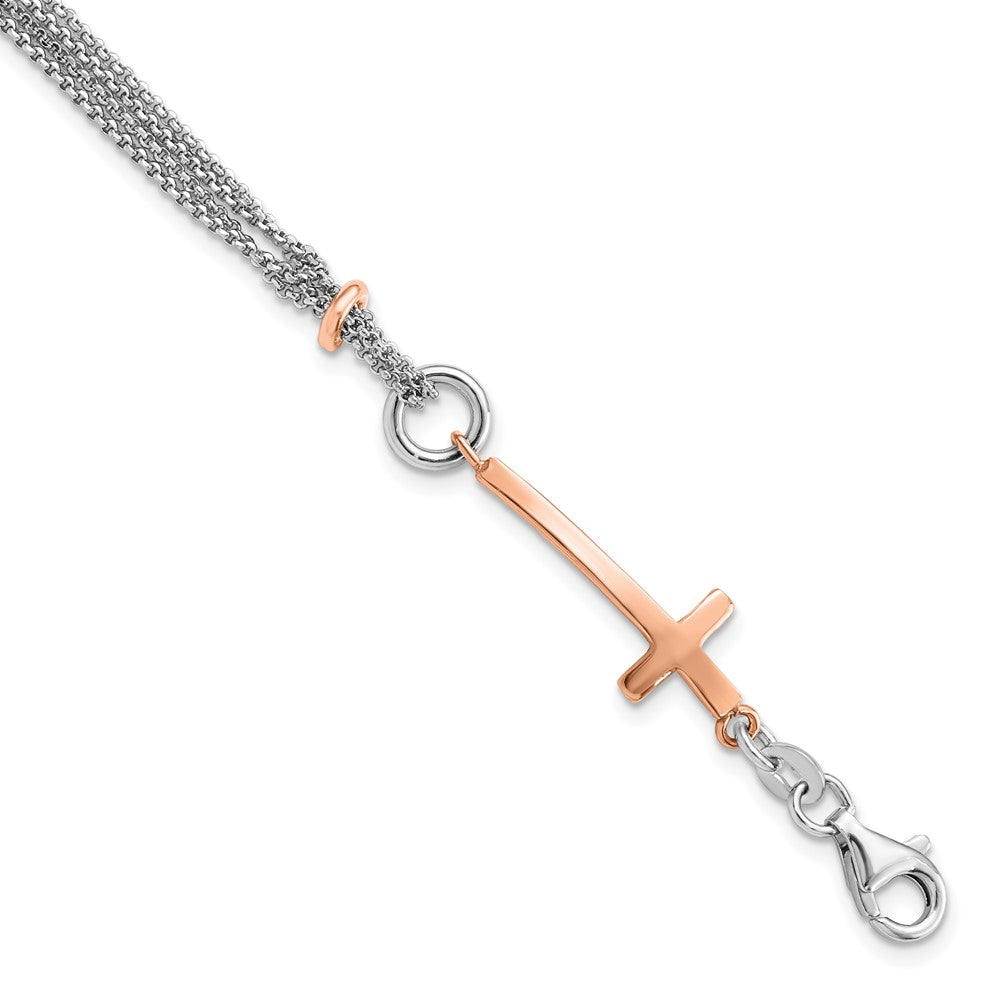 Sterling Silver w/Rose-tone Cross w/1.5in ext. w/Cross Bracelet 7  inches