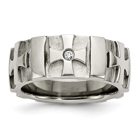 Stainless Steel Brushed & Polished 3pt Diamond Cross 9mm Band Size - 8.5