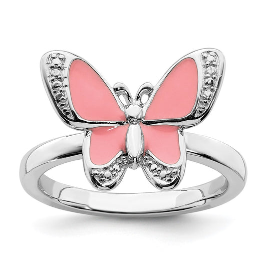 Sterling Silver Stackable Expressions Pink Enamel Butterfly Ring Size -9