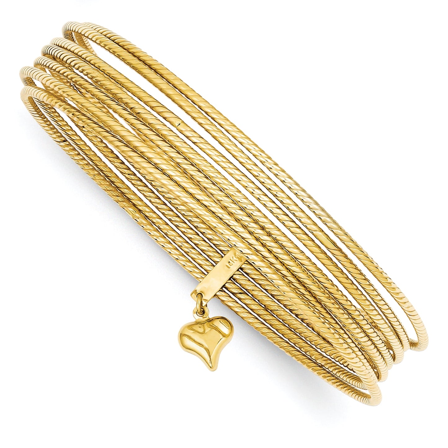 14K Polished and Textured with Dangle Heart 7-Strand 11.00mm Slip-on Round Bangle Bracelet