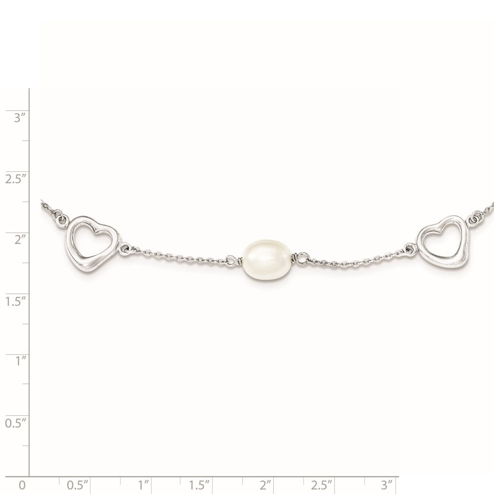 Sterling Silver Rhodium-plated 7-8mm White Teardrop Freshwater Cultured Pearl and Hearts 17 inch with 2 inch Extension Necklace 17 Inches
