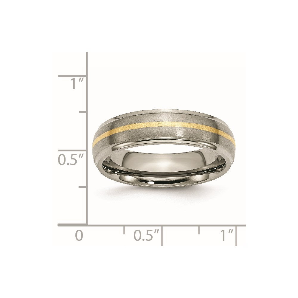 Titanium Brushed Center w/14k Yellow Inlay 6mm Ridged Edge Band Size - 9.5