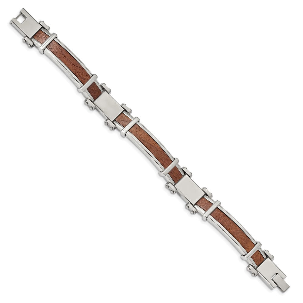 Stainless Steel Polished with Wood Inlay 8.25in Bracelet 8.25 inches