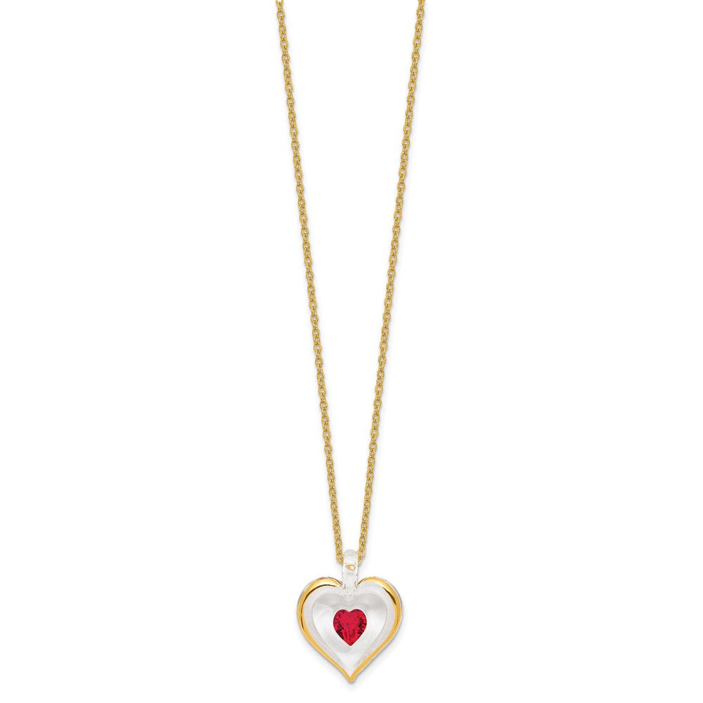 Glass Baron 22K Accent Gilding Gold-trim Glass with Red July Birthstone Crystal Heart 18 inch Gold-tone Necklace