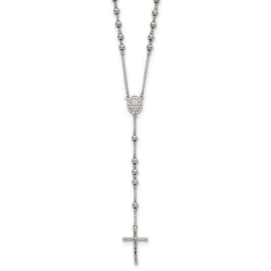 Stainless Steel Polished 6mm Beaded Rosary 29.5 inch Necklace