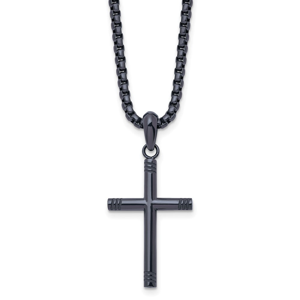 Stainless Steel Polished Blue/Grey IP-plated 24in Cross Necklace