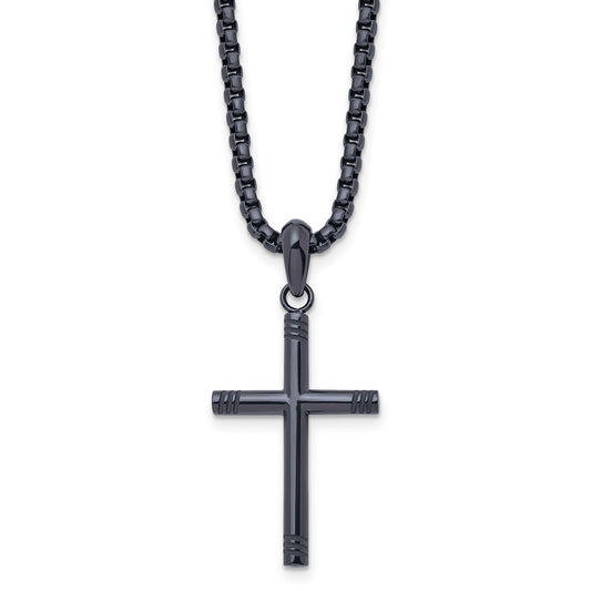 Stainless Steel Polished Blue/Grey IP-plated 24in Cross Necklace