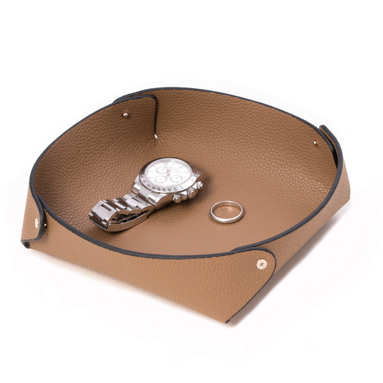 Leather Catchall Valet Tray In Lay Flat Design - Taupe
