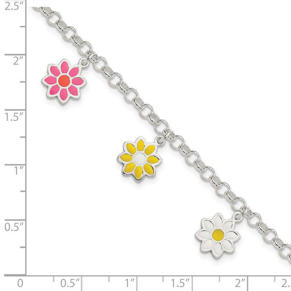 Sterling Silver Polished Multi-color Enamel Flowers Children's Bracelet 6 inches