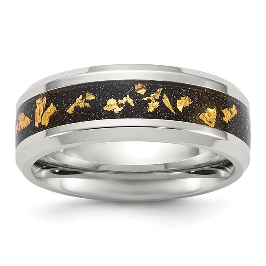 Chisel Stainless Steel Polished with Black and Gold Foil Inlay 8mm Band Size - 9