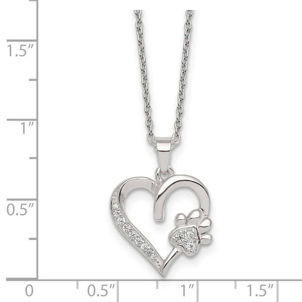 Sterling Silver Polished CZ Heart and Paw Necklace 16 Inches