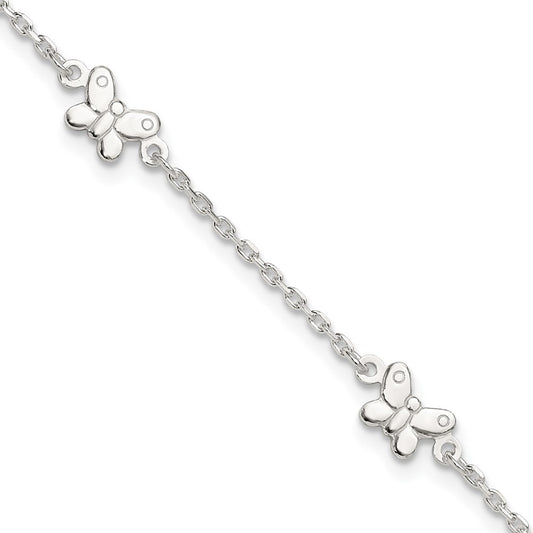 Sterling Silver Polished Butterfly 9in Plus 1in Ext Anklet 9 inches