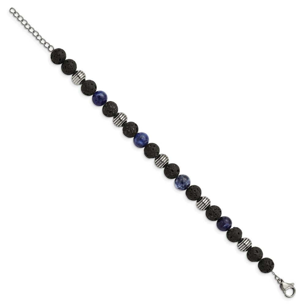 Stainless Steel Antiqued & Polished Lava Stone/Sodalite w/1in ext Bracelet 7.25 inches