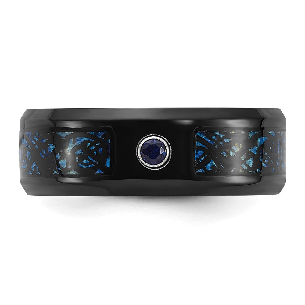 Chisel Titanium Polished Black and Blue IP-plated with Blue CZ Carbon Fiber Inlay in Clear Epoxy 8mm Band Size - 10.5