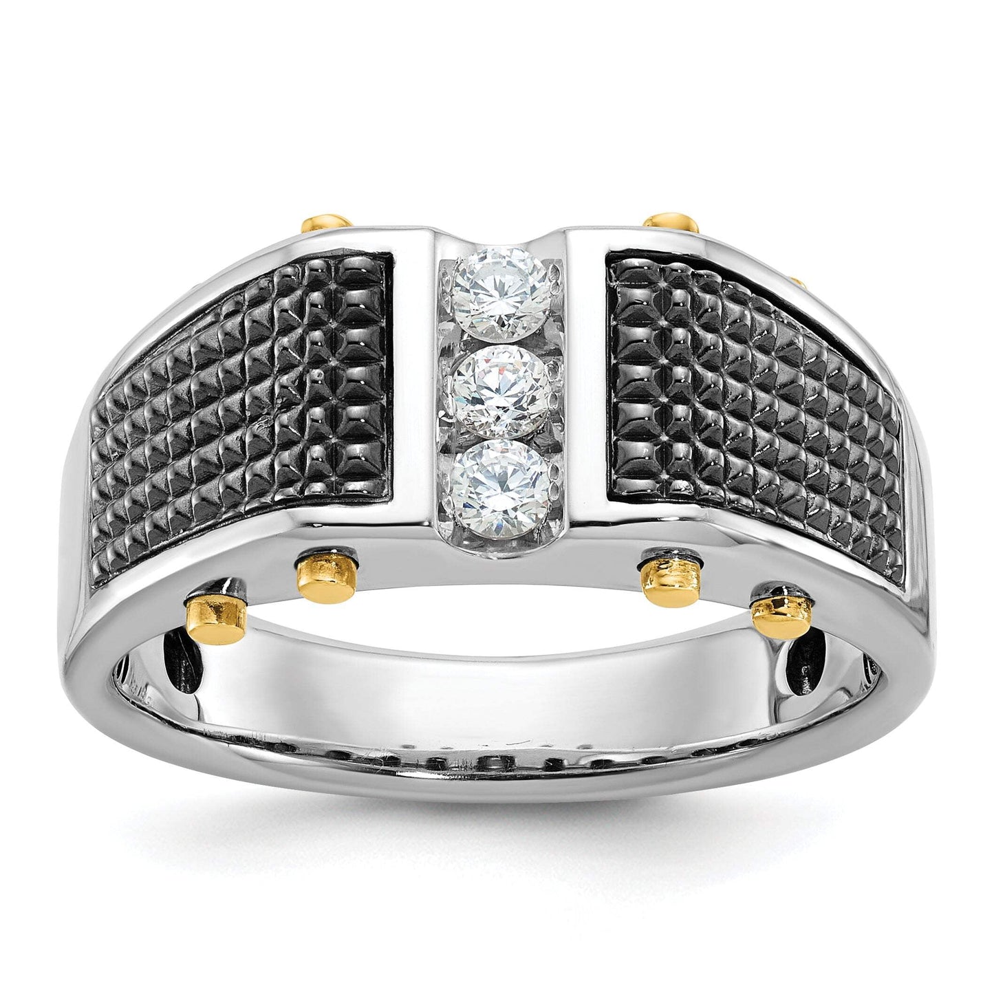 14k Two-tone with Black Rhodium Men's Polished and Textured 3-Stone 1/4 Carat Lab Grown Diamond Ring