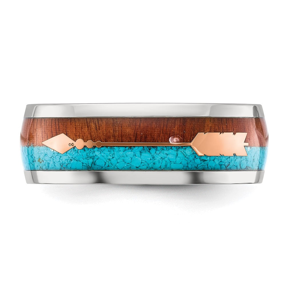Chisel Stainless Steel Polished Arrow with Turquoise and Wood Inlay 8mm Band Size - 11