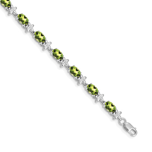 14k White Gold Floral Diamond and Peridot Bracelet 7  inches