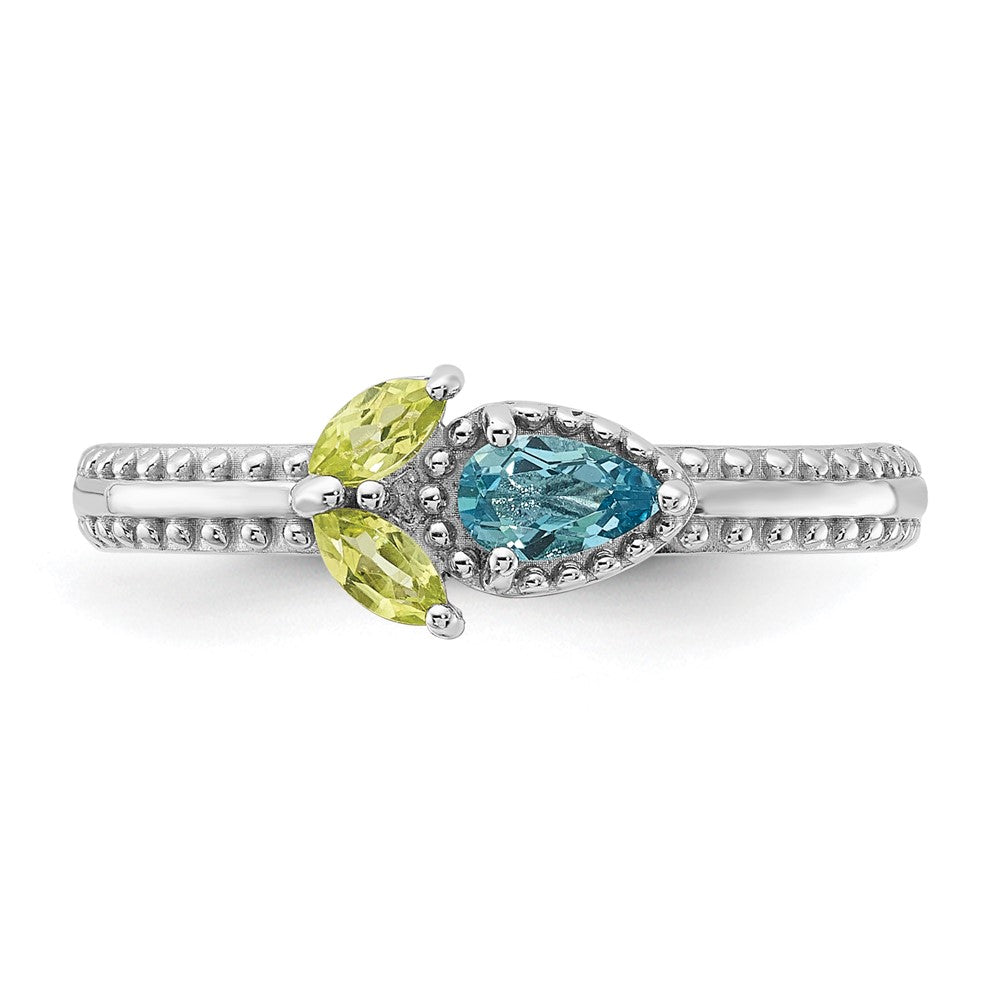 Sterling Silver Stackable Expressions Rhodium-plated Lt Swiss Blue Topaz & Peridot Flower Ring Size -5