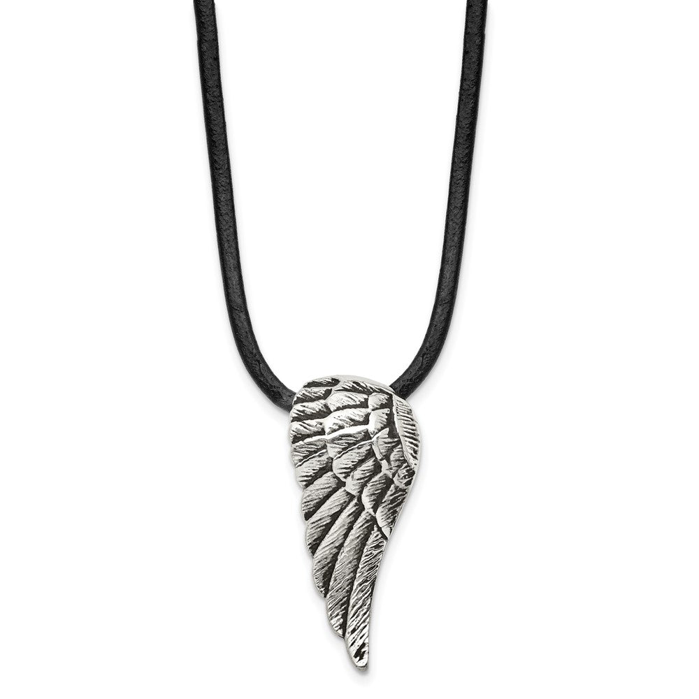 Stainless Steel Antiqued and Polished Wing w/20in Leather Cord Necklace