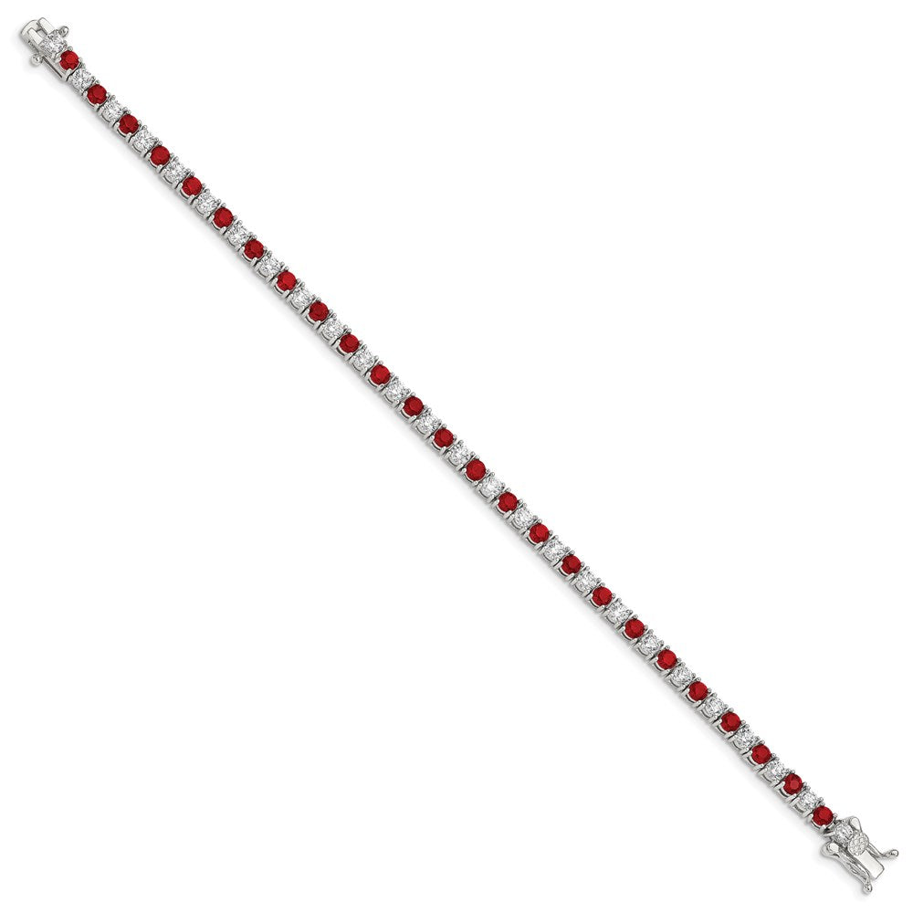 Sterling Silver Rhodium-plated Red Glass and CZ  7 inch Bracelet 7 inches