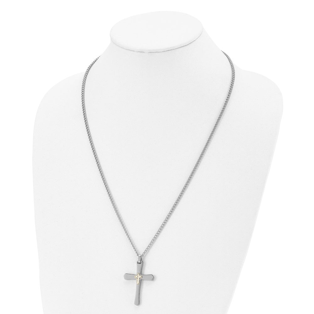 Stainless Steel Polished w/14k Accent Diamond-cut Cross  24in Necklace