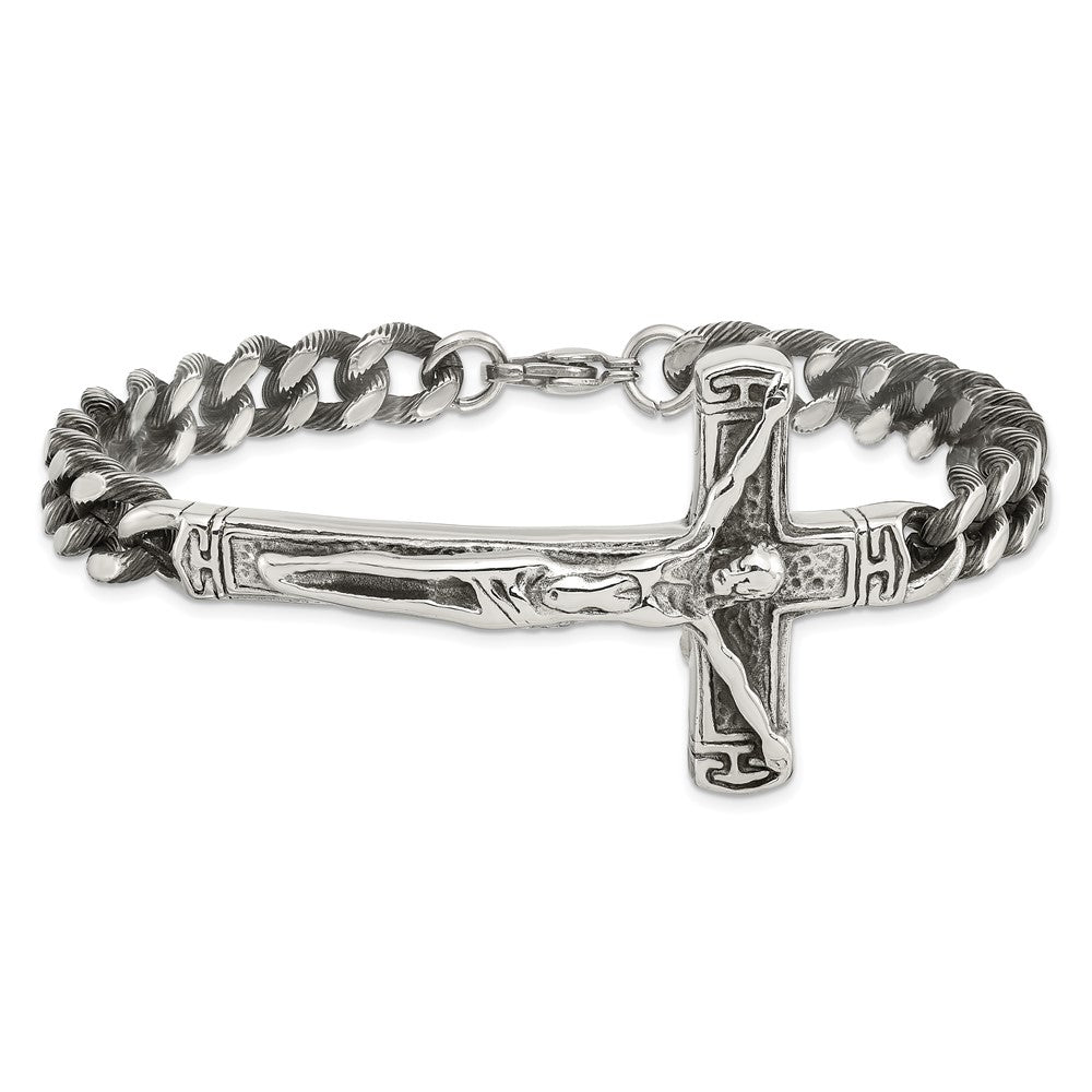 Stainless Steel Antiqued and Polished Crucifix 8.75in Bracelet 8.75 inches