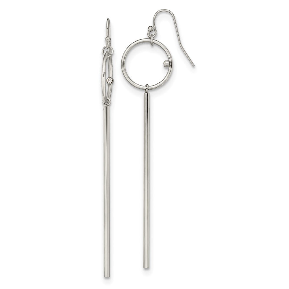 Stainless Steel Polished Circle with Crystal Accent Bar Dangle Earrings