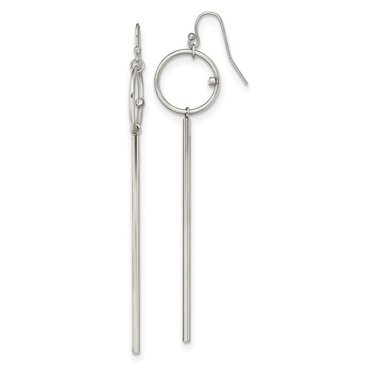 Stainless Steel Polished Circle with Crystal Accent Bar Dangle Earrings