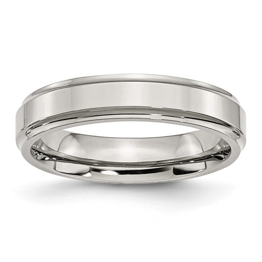 Stainless Steel Polished 5mm Ridged Edge Band Size - 9.5